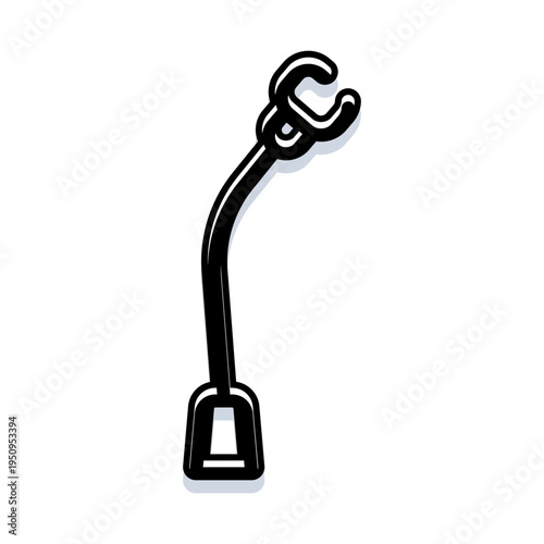 Black plastic toy claw arm extending and reaching like a mechanical grabber tool or robotic hand, isolated on white with a subtle shadow playtime accessory for picking up blocks