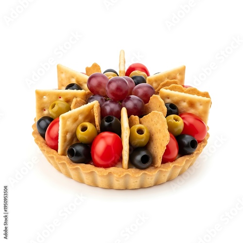 A delicious antipasto platter with crackers and olives and grapes