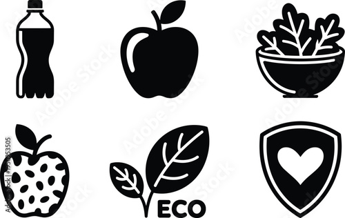 Black silhouette vector set of healthy food apple salad bowl water bottle eco leaves and heart shield icons for wellness design