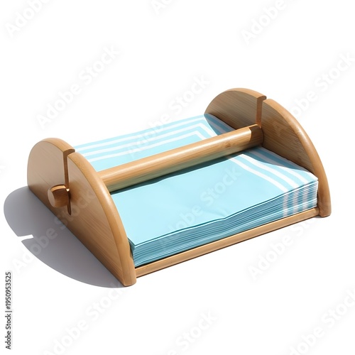 Wooden napkin holder with blue and white napkins isolated on white background
