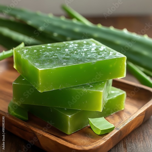 A stack of green aloe vera gel cubes on a wooden tray with aloe leaves