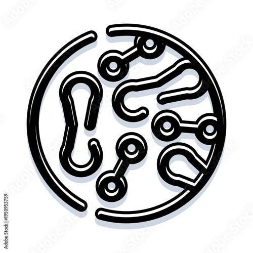 Microorganisms icon presenting various microscopic entities resembling bacteria and virus structures, symbolizing biology, infection, and scientific research within a circular cell form