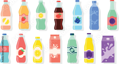 Diverse Set of Drink Containers Including Fruit Juice Bottles and Milk Cartons with Strawberry, Lemon, and Blueberry Labels for Grocery and Nutrition Designs