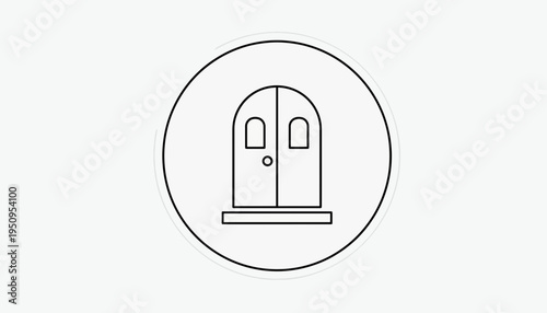 Simple Line Art Icon of a Double Door with Arched Top and Door Knocker