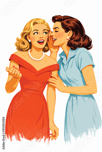 073-34-Two retro cartoon women gossiping, sharing a secret message into an ear