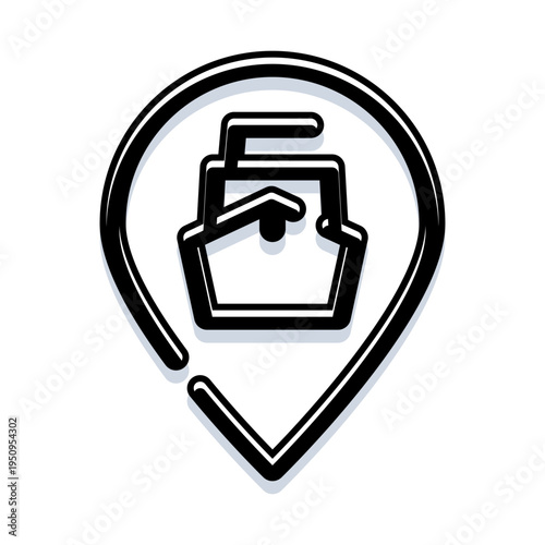 Boat icon inside a location pin, representing maritime navigation, shipping routes, port services, and travel destinations for cargo and passenger vessels