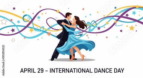 Couple dancing together celebrating international dance day on april 29 with colorful ribbons and confetti