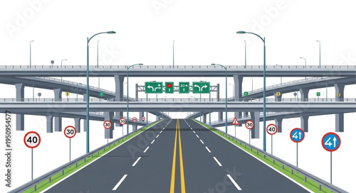 Modern highway interchange with multiple levels and signs.