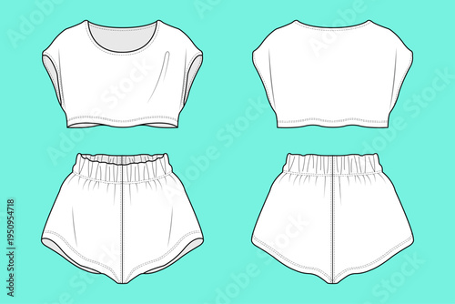 Women’s Cropped Cap Sleeve Top and High-Waist Lounge Shorts Set Fashion Technical Flat Sketch Template