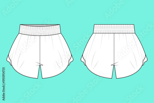 Edge-Cut Performance Muay Thai and High-Split Training Shorts Technical Fashion Flat Sketch CAD Mockup