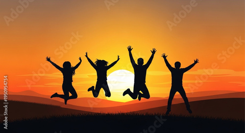 Four friends jumping for joy at sunset silhouette.