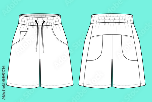 Multi-Pocket Performance Training Shorts with Smocked Drawcord Waist Flat Sketch CAD Mockup