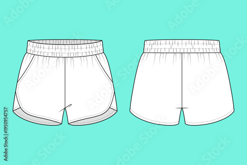 High-Rise Dolphin Hem Running Shorts with Smocked Waist Technical CAD Flat Sketch