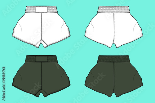 High-Waist Elastic Training Shorts Colorway Set Fashion Technical Flat Sketch Template