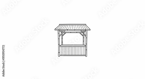 Simple Bamboo Market Stall Sketch, Outdoor Booth Design, Minimalist Outline Illustration