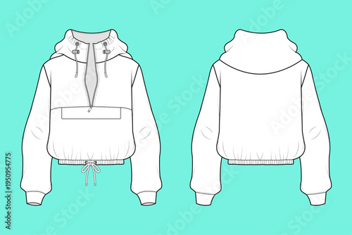 Urban Cropped Long Sleeve Quarter-Zip Hooded Anorak with Adjustable Cinch Hem Technical Flat Sketch Outline.