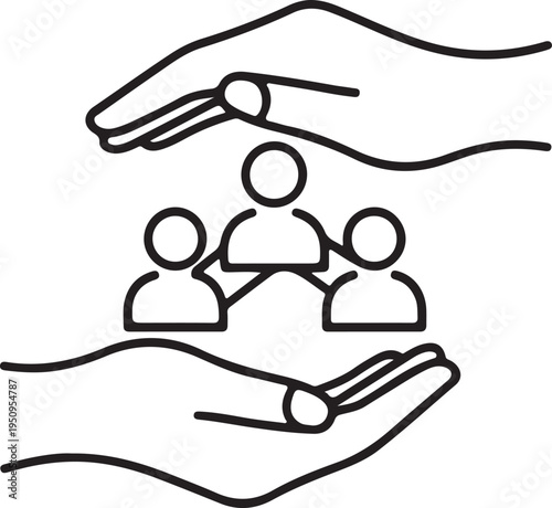 Line drawing of hands supporting a group of people