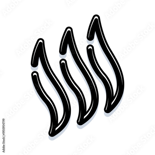 Stylized black outline of wavy steam lines rising on a white background, minimal icon representing vapor, aroma, heat, smell, or warm air for food, drink, spa, or design use