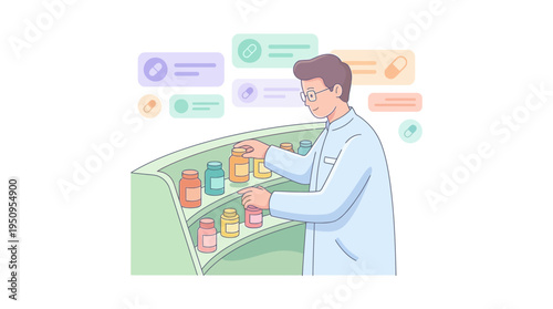 A man in lab coat with pill jar on shelf in shop at work now