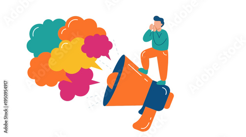 Man Shout On Giant Megaphone For Brand Promo Idea Using Many Color Chat Bubble Clouds Design
