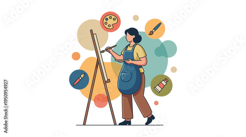 Professional female artist and art teacher painting on a canvas with palette brush easel studio hobby creative work vector illustration