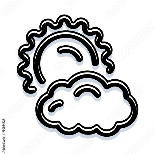 Sun partially hidden by a cloud, simple black and white icon indicating partly cloudy daytime weather or forecast for apps, infographics, ui and meteorology displays