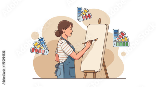 A young art girl paints on a canvas in a studio using many color guides