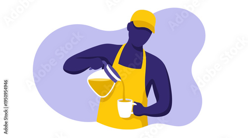 A pro barista man is pouring hot fresh black coffee in a mug now fast