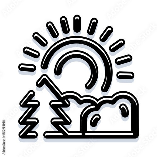 Minimalist black and white icon illustration showing a bright sun emerging from a cloud with lightning, symbolizing changing weather or a forecast for mixed conditions