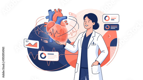 A female cardiologist doctor studies digital heart model with medical data and health analysis charts