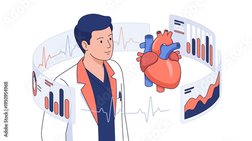 A male doctor specialist cardiologist looks at human heart model plus medical data charts digital report screen