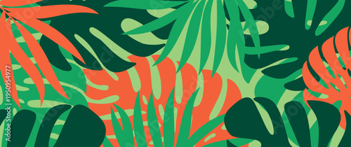 Dense Tropical Leaf Pattern with Green and Orange Palm and Monstera Foliage for Decorative, Textile, and Graphic Design Applications