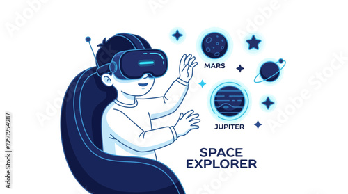 A child in VR gear to view space Mars and Jupiter in a ship seat