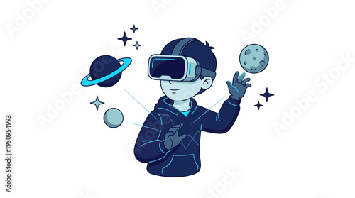 Boy wears vr gear to see moon and stars in space for school and fun
