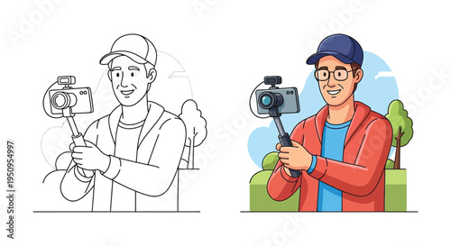 Enthusiastic male character recording video content using a camera on a gimbal vector illustration.