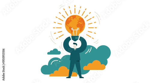 A man in suit holds big light bulb with earth map for new work idea