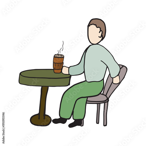 Person sitting at cafe table with hot drink, cozy lifestyle vector illustration