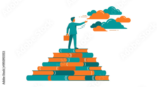 A man on books reach for a cloud to get a goal in his work life now