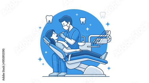 Male dentist examining female patient teeth in a professional clinic using modern dental tools vector illustration graphic