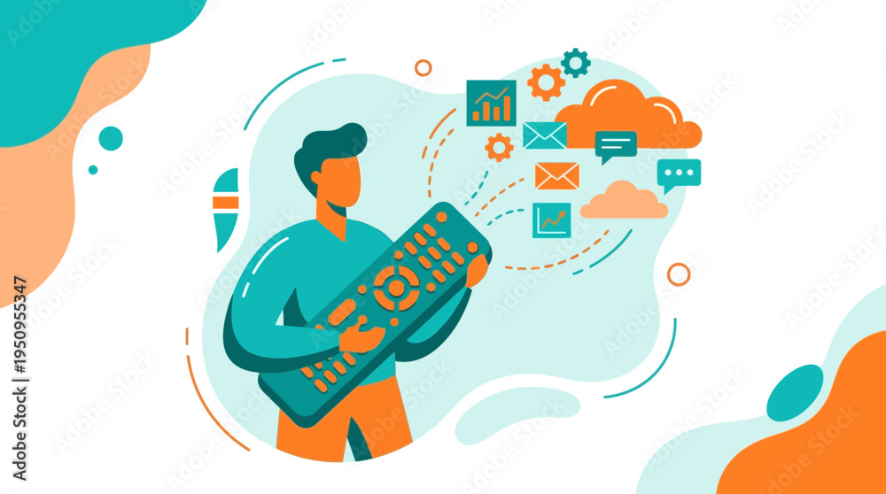 Obraz premium A Digital Marketer Using Giant Remote To Manage Cloud Data Email Chat Growth And Tools