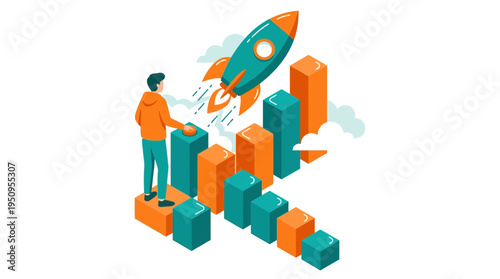Digital marketer launching rocket from bar chart for business growth success startup and digital marketing strategy vision