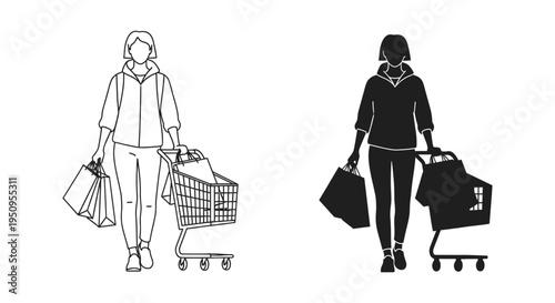 Vector graphic design illustrating two styles of a shopper with bags and a grocery cart