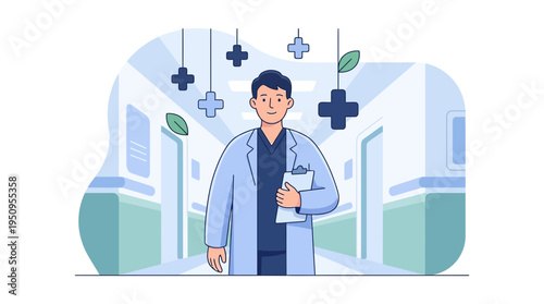 A male doctor in a lab coat with a clipboard in a hospital hall now
