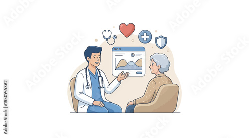 a man in a lab coat talks to an old lady about her bad heart and data