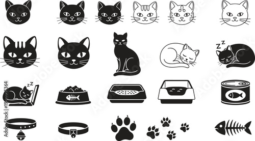 Solid silhouette vector of cat heads, sleeping kittens, paw prints, litter boxes, food bowls, collars, for pet shop branding, veterinary services