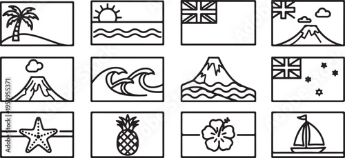 Collection of tropical, nautical, and british-themed icons Vector