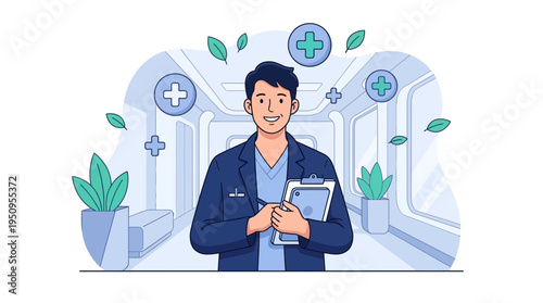 Male doctor in hospital hallway holding clipboard for patient health care and medical checkup service