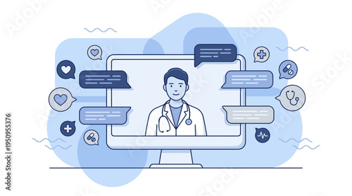 Doctor on screen help man via chat and medical app icon on a PC web