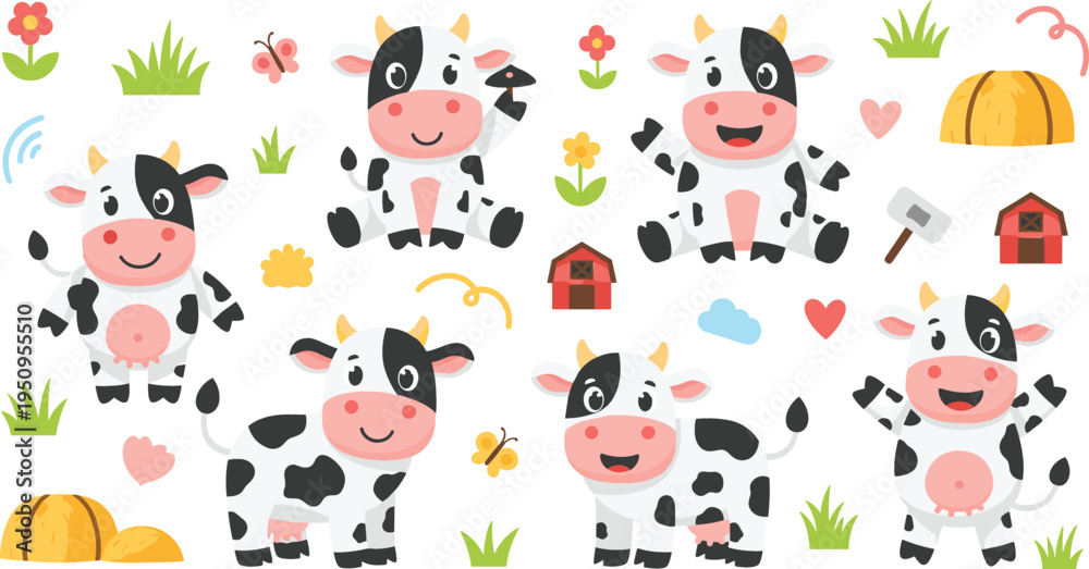 Obraz premium Cute Cartoon Farm Cow Character Set with Happy Dairy Cattle, Barn, Pumpkin, Flowers, and Nature Elements for Kids Agriculture Illustration and Farm Design