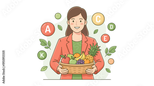 A fit lady who is an expert holds a basket of fruit and vitamins daily